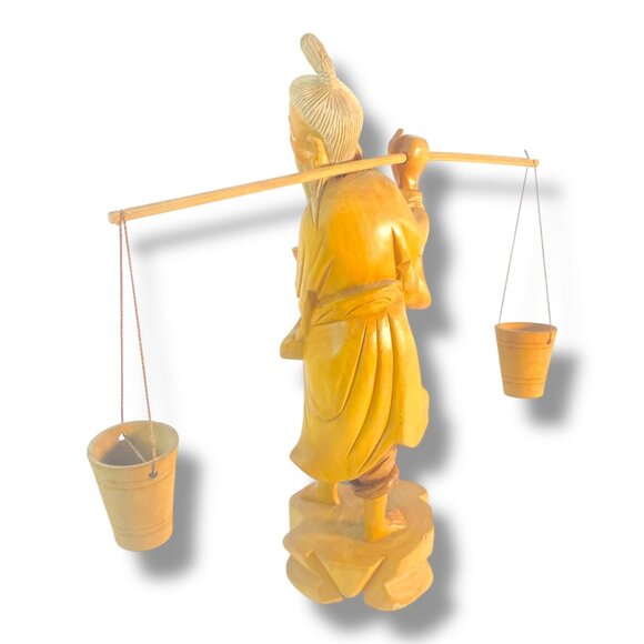 Vintage Hand Carved Wooden Asian Carrying Water Figurine Chinese Sculpture 10" - Picture 3 of 16